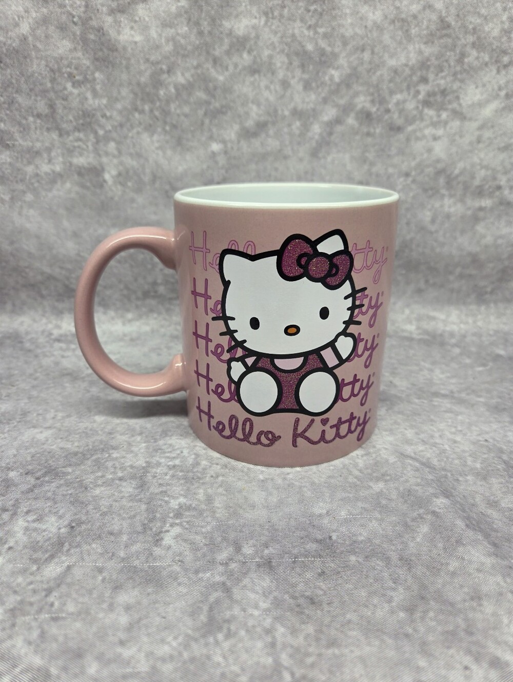 New Hello Kitty Mug Glitter Pink w/Gradient Red Cursive Bow Ceramic Sanrio